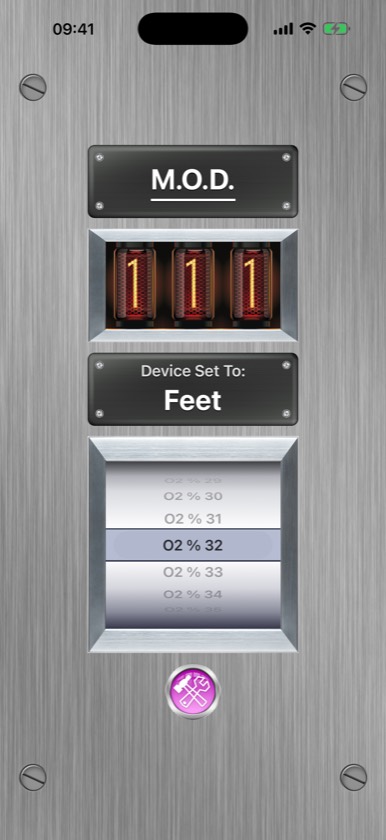 MOD Calculator showing 111 feet for the same mix in imperial units