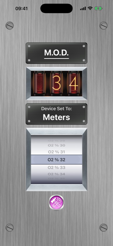 MOD Calculator showing 34 meters for a 32 percent nitrox mix