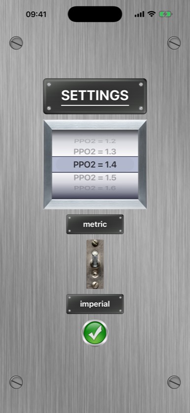 MOD Calculator settings showing the PPO2 picker and the metric to imperial toggle